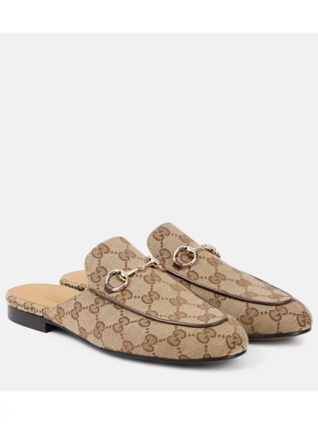 Papuci tip mules Gucci din canvas maro