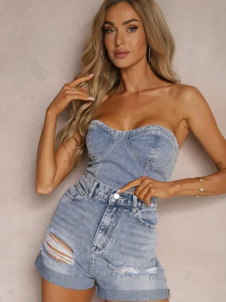 Jeansowe Szorty z Bawełny High Waist z Dziurami Quolia niebieskie