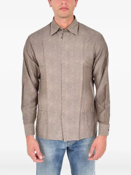 Cămașă Emporio Armani cu model herringbone maro