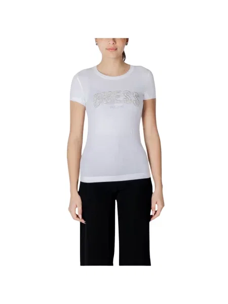 Koszulka Guess koronkowa z autografem z krótkim rękawem biała