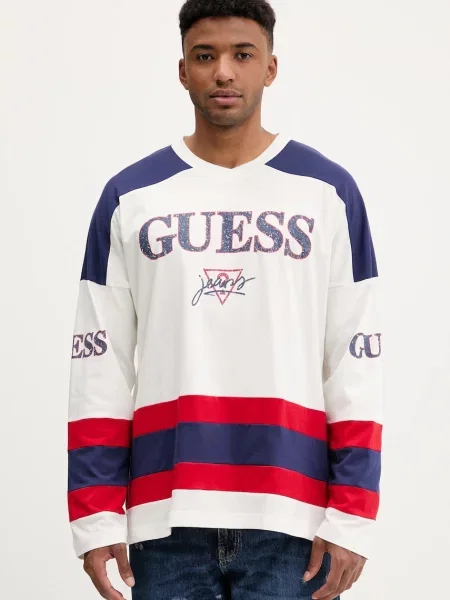 Тениска с дълъг ръкав Guess Jeans с принт бяло
