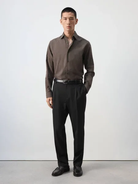 Koszula slim fit z bawełny Mężczyzna XXL MANGO MAN brązowy