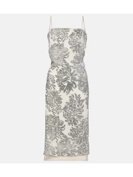 Jedwabna sukienka Jacques Wei w kwiatki garniturowa srebrna