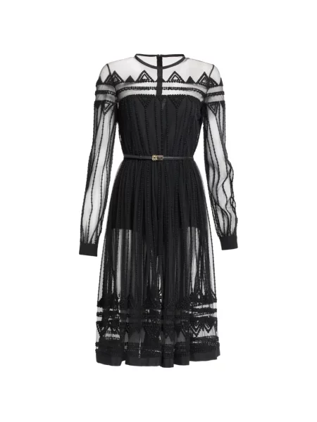 Rochie midi Elie Saab cu broderie din tul negru