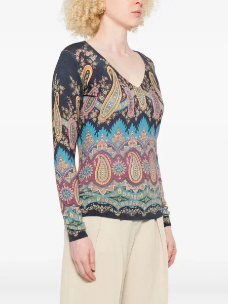 Pulover Etro cu imagine cu decolteu în V cu model paisley albastru