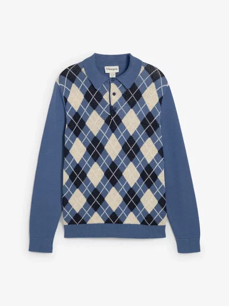 Sweter polo ze wzorem w romby z czystej bawełny niebieska
