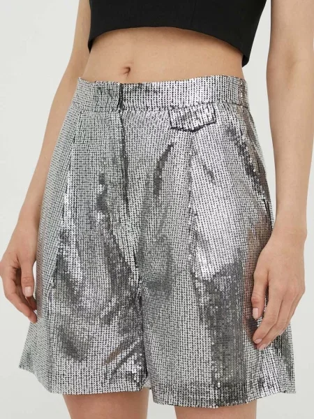 Къс панталон с апликация с висока талия сребристо