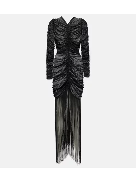 Rochie maxi Khaite cu franjuri de mătase de costum negru
