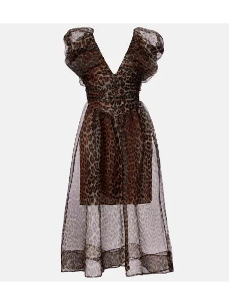Rochie midi Ganni cu imagine cu model leopard până la genunchi maro