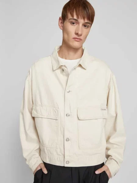 Calvin Klein Jeans kurtka z domieszką lnu beżowy przejściowa biała