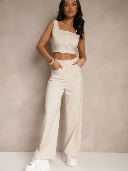 Jasnobeżowy Komplet Top Zdobiony i Spodnie o Szerokim Kroju Liracelle beżowe