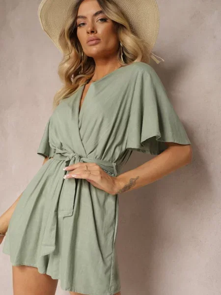 Ciemnozielony Kopertowy Kombinezon z Bawełny Wiązany w Talii Materiałowym Vikly zielony