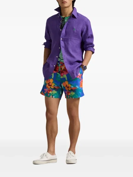 Slip de baie Polo Ralph Lauren cu broderie din piele de căprioară în carouri albastru