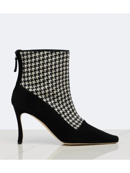 Semišové členkové čižmy Manolo Blahnik so vzorom kohútia stopa čierna