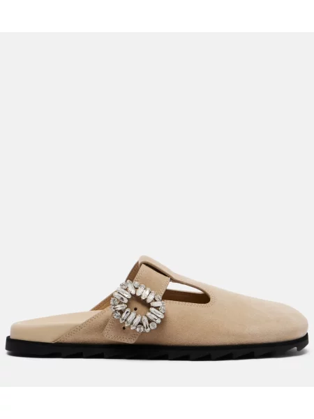 Papuci tip mules Roger Vivier din piele de căprioară bej