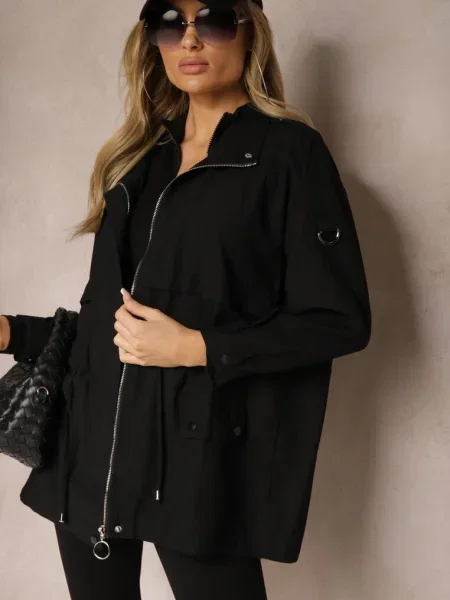 Kurtka Parka z Dodatkiem Bawełny Wykończona Troczkami Zapinana na Napy Velona czarna