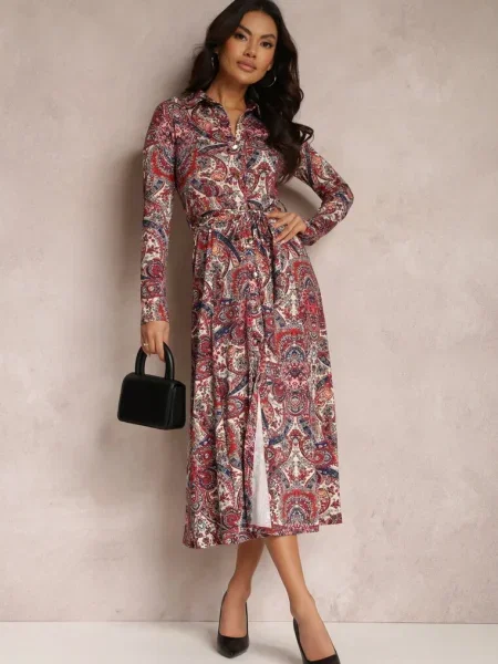 Sukienka Koszulowa z Długim Rękawem i Wiązanym Limiria czerwona