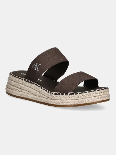 Чехли Calvin Klein Jeans SPORTY ROPE MG LTH WEBBING със скосена платформа кафяво