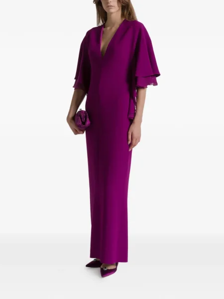 Rochie maxi Alberta Ferretti cu decolteu în V cu volane de costum violet