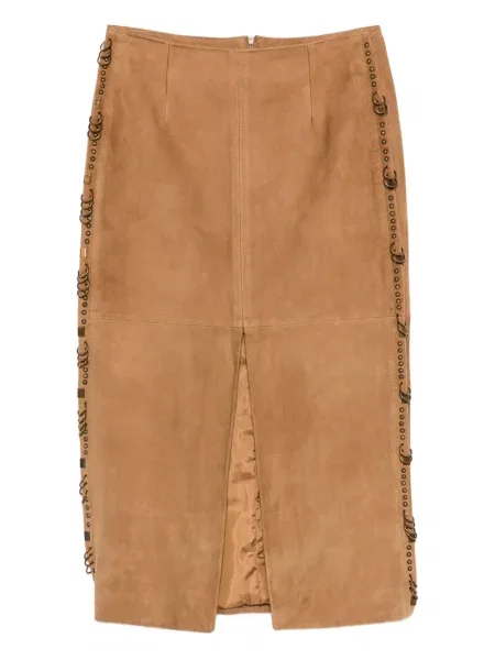 Fustă midi Patrizia Pepe din piele de căprioară până la genunchi maro