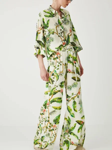 Hlače Medicine široke srednje visoki struk bež