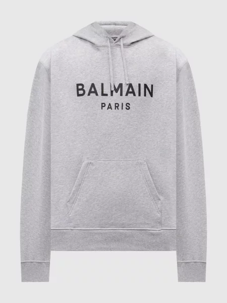 Меланжевое худи Balmain с принтом серое