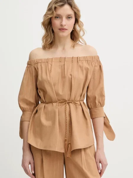 Twinset bluză din amestec de in maro