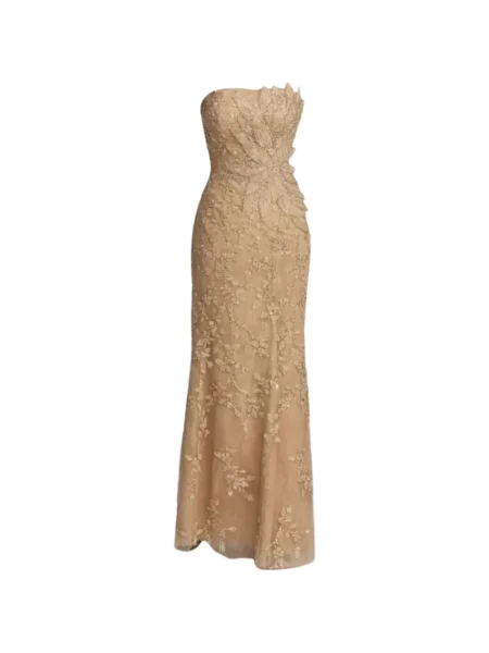 Sukienka maxi Mac Duggal w kwiatki bez ramiączek garniturowa złota