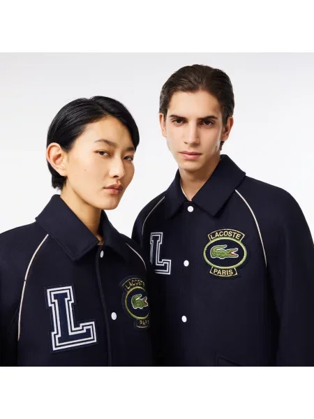 Lacoste Kurtka Premium Wool Varsity Badge granatowa