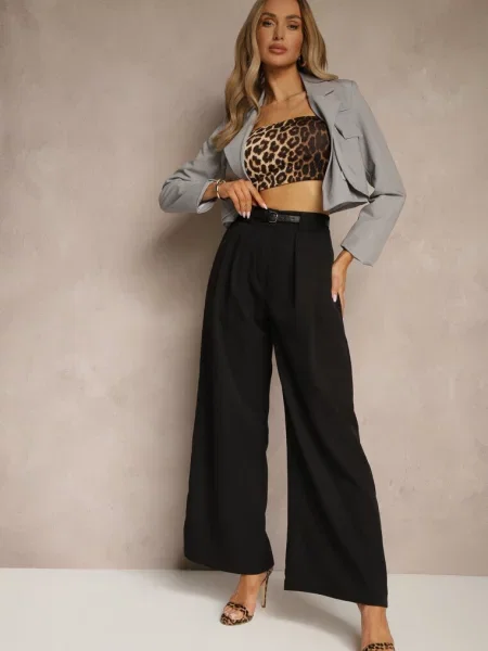 Szerokie Spodnie High Waist o Garniturowym Kroju z Zakładkami Uliadorea czarne