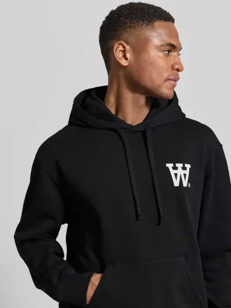 Bluza z kapturem z nadrukiem z logo i kieszenią kangurka Wood Wood czarna