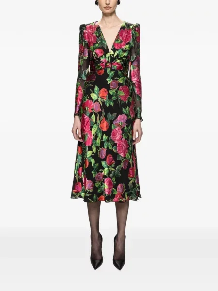 Rochie midi Nissa de mătase cu model floral negru