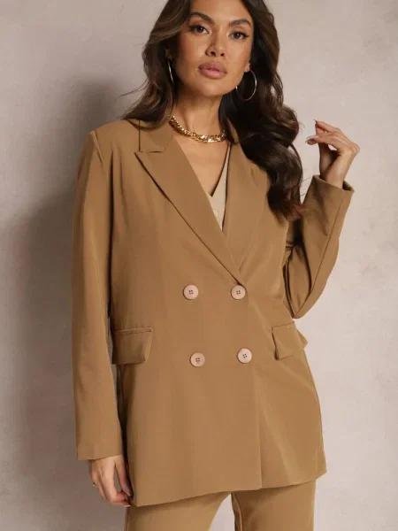 Jachetă cu două rânduri de și umeri bufanți Elennia maro