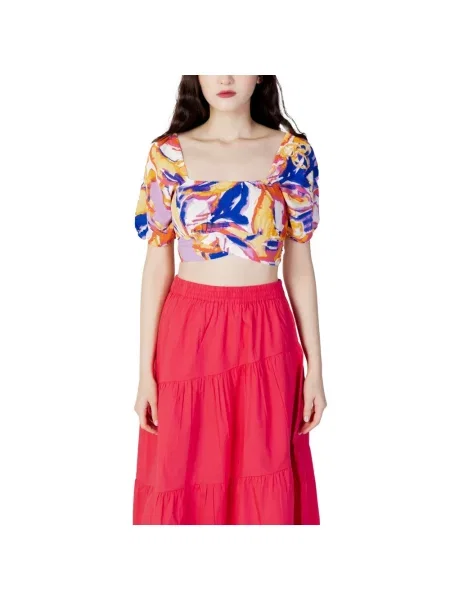 Krótka wielobarwność lniana bluzka Only niebieska