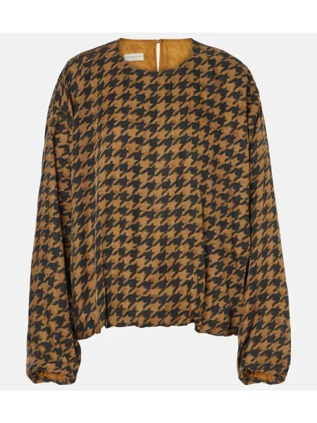 Satynowy top Dries Van Noten w pepitkę pomarańczowy