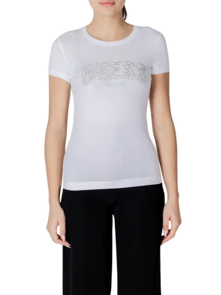 Koszulka Guess koronkowa z autografem z krótkim rękawem biała