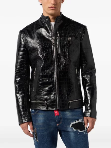 Кожено яке Philipp Plein с принт черно