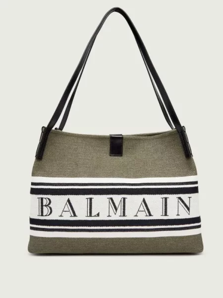 Balmain Geantă shopper RELEASE cu adaos de piele verde