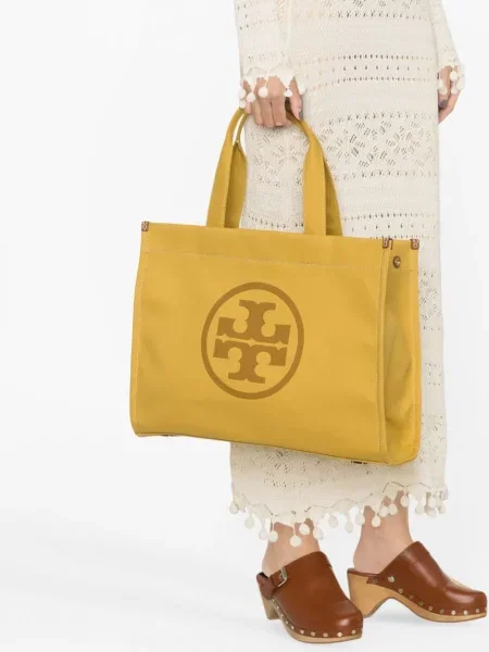 Geantă shopper Tory Burch cu autograf galben