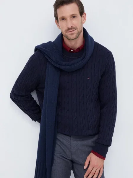 Bombažen pulover Tommy Hilfiger mornarsko modra siva