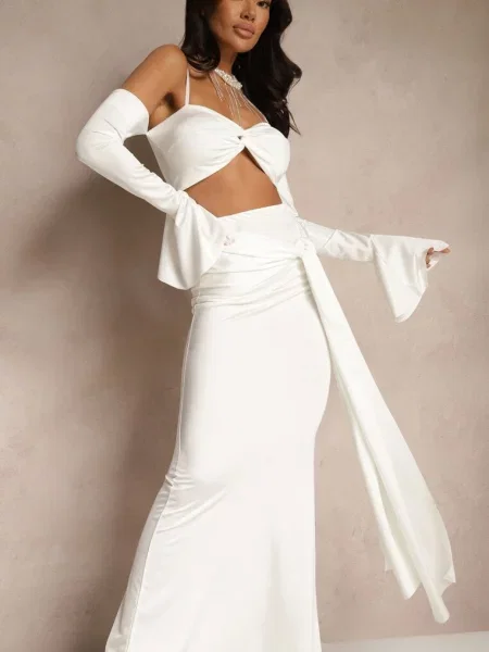 Komplet Dopasowana Spódnica z Trenem i Top z Rękawami z Falbanką Adivaria biały