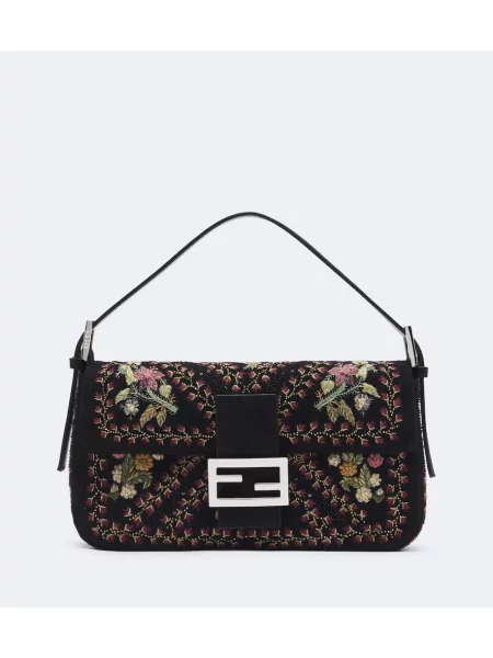 Geantă tip baghetă Fendi din piele de căprioară cu model floral