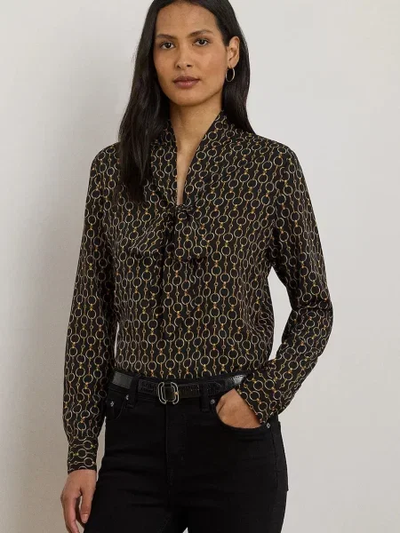 Риза Lauren Ralph Lauren дамска със стандартна кройка с класическа яка черно