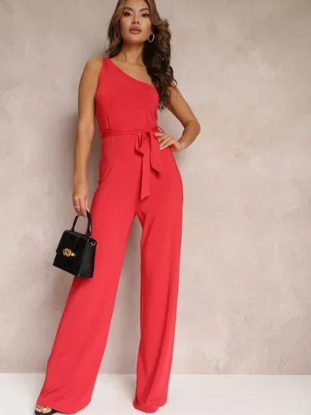 Asymetryczny Kombinezon z Szerokimi Nogawkami i Materiałowym Atara czerwony