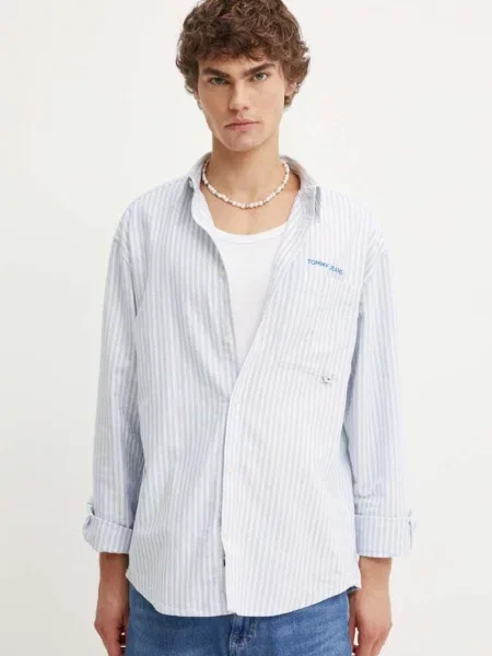 Риза Tommy Jeans мъжка със свободна кройка с класическа яка синьо