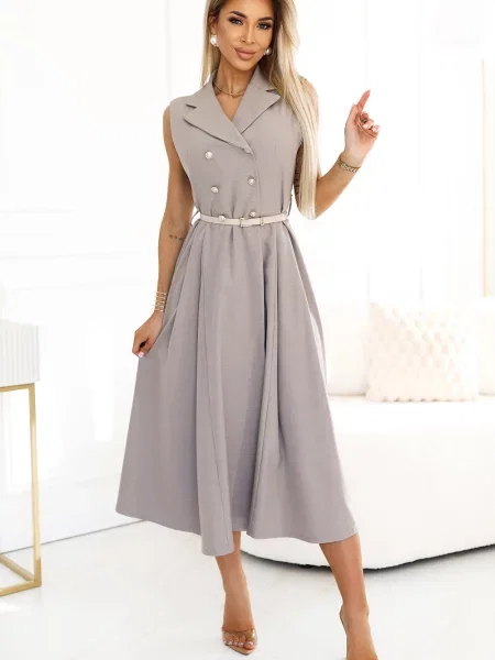 Rochie tip cămașă Numoco Basic eleganta până la genunchi bej