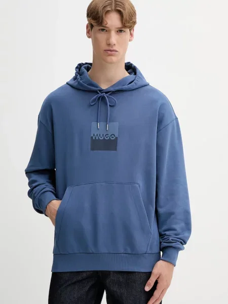 Bombažen pulover HUGO s kapuco modra