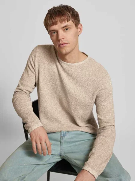 Sweter z dzianiny z prążkowanym okrągłym dekoltem model ‘GEORGE’ Jack & Jones beżowy