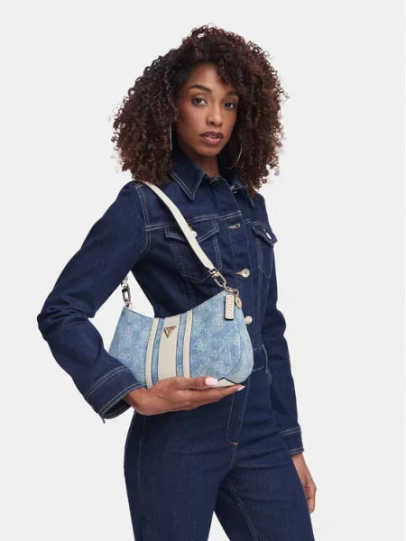 GUESS Torba za čez ramo Noelle kremna / moder denim modra