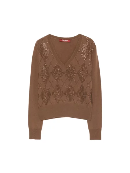 Sweter Max Mara z dekoltem w serek brązowy